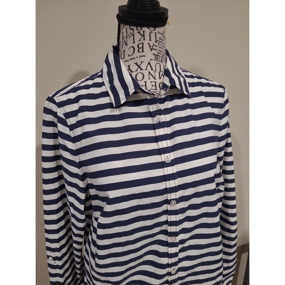 Talbots Coastal Parisian Navy white Stripe Cotton button front Top Women SZ 8 - Picture 2 of 11